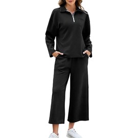 AGSEEM Two Piece Sets for Women, Long Sleeve 1/4 Zip Pullover Wide Pant Black Lounge Set Outfits Sweatsuits 2 Piece Set,XXL