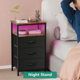 Kinembold Nightstand with Charging Station, Bedside Table LED Night Stand with USB Ports and Outlets, End Table with 3 Fabric Drawers and Storage Shelf, Night Stands for Bedroom (Black&Brown)