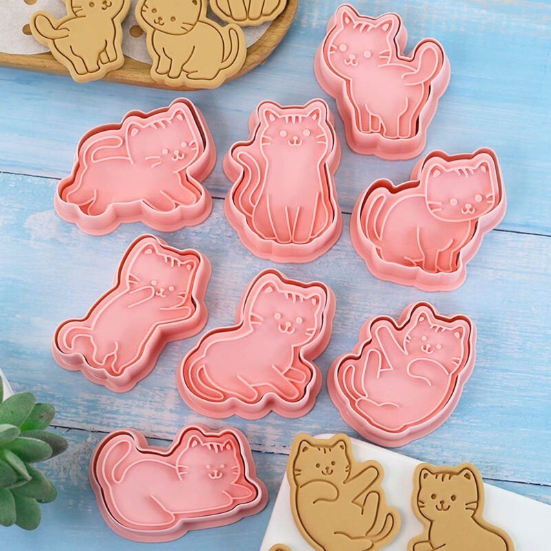 Crethinkaty Cat Cookie Cutters Set-8 Plastic Cookie Cutter Stamp- Cat