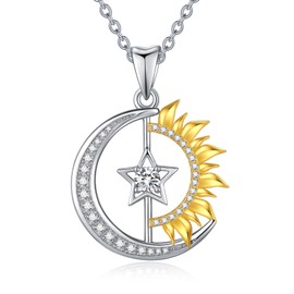 TANGPOET Sun Moon Star Planet Necklace for Women Girls 925 Sterling Silver Universe Space Pendant Moonstone Astronaut Jewellery Gifts with 18 Inches + 2 Inch Chain, Sterling Silver, Cubic Zirconia