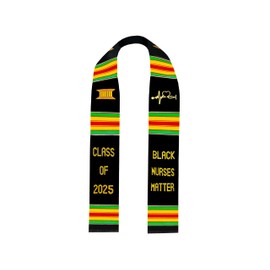 Ovaltag Black Nurses Matter Class of 2025 Kente Graduation Stole with Stethoscope Heartbeat Custom College Sash, Black, 4.5inches by 72inches