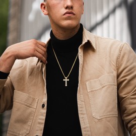 STARCHENIE Gold Cross Necklace for Men Brass Gold Plating Cubic Zirconia Cross Pendant Jesus Christ Jewelry 24'' Rope Chain