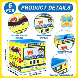 6 Pcs 11 Inch Bus Fabric Storage Bins Back to School Collapsible Cube Baskets with Handles Foldable Classroom Organization Supplies for Cubbies Toy Box Books Preschool Kindergarten Home Decorations