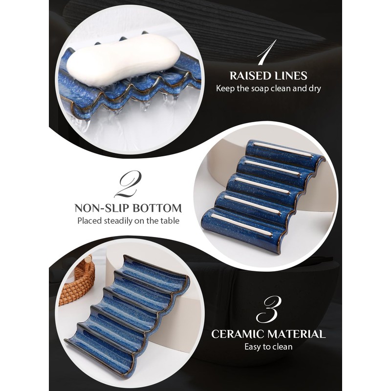 Draining Ceramic Soap Dish, Non-Slip Bar Soap Holder with Fluted