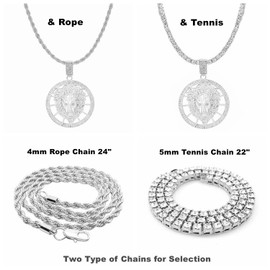 HH BLING EMPIRE 14k Gold Silver Plated Hip Hop Rapper Pendant Chain Necklace for Men, Iced Out Diamond King Lion Pendant with 4mm Rope Chains 24 Inch (Lion-Silver,& Rope)