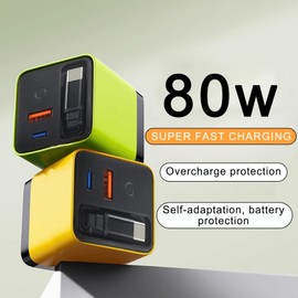 3 in 1 Gan Charger, Scalable 80w Max Fast Charger Module, 80 Watt All in One Charger Retractable Wall Plug with Type-C Cable and 2 USB Ports, for Phones, Tablets (Green)