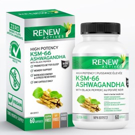 Renew Actives Ashwagandha KSM 66 Pure Organic Root Powder Extract Ayurvedic Supplement - 500MG Focus & Mood Support to Increase Energy. Natural KSM66 with Black Pepper for Superior Absorption - 60 Capsules - Made in Canada&