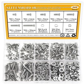 385 Pieces M4 Machine Screws Nuts Washers Set, Sutemribor M4 x 5/6/8/10/12/16/20mm Phillips Countersunk Head Machine Screws Nuts Washers Assortment Kit, 304 Stainless Steel, Fully Threaded