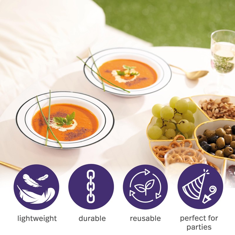 MATANA 25 White Plastic Bowls with Black Rim, Soup Bowls