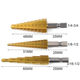 3Set Metric Titanium Coated Step Drill Bit Set, HSS Cone Drill Bit with 1/4" Hex Shank Drive Quick Change for DIY Woodworking, Plastic Wood 1/4"-3/4" 1/8"-1/2" 3/16"-1/2"