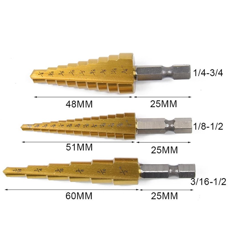 3Set Metric Titanium Coated Step Drill Bit Set, HSS Cone
