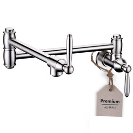 YSNOL Pot Filler Faucet, Wall Mount Pot Faucets for Kitchen Sink with Double Reinforced Joint Swing Arms, Solid Brass Heavy Duty Folding Stove Faucet with 2 Handles(Brushed Nickel)