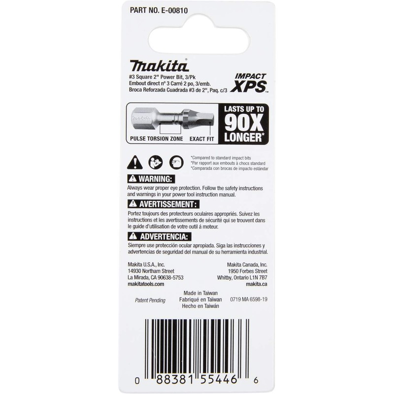 Makita E-00810 Impact XPS™ #3 Square 2" Power Bit, 3/pk