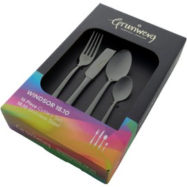 Grunwerg 16BXWSR/BK 16-Piece Cutlery Set, Black, 18/10 Stainless Steel, PVD Coating, Stainless Steel, Silver