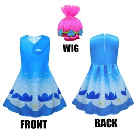 Cute Female Princess Dress for Girls Summer Holidays Party Dress with Blue Flower Crown Wig Set Up