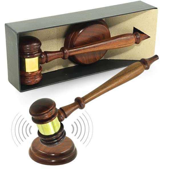 Premium Wooden Judge's Gavel Set with Sound Block, Brass Band,
