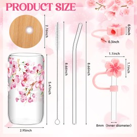 Baderke 2 Sets Cherry Blossom Glass Cup 16 oz Aesthetic Sakura Coffee Cup with Bamboo Lid Glass Straw Cleaning Brush and Flowers Silicone Straw Cover Cap Travel Tumbler Gift for Iced Coffee Wine Tea