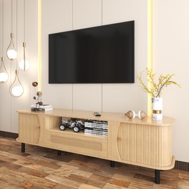 Fluted TV Stand - Modern Wooden Freestanding Entertainment Center Sliding Door TV Cabinet | Farmhouse Curved Round Edge TV and Media Console Table with Storage, Up to 80 Inch TVS