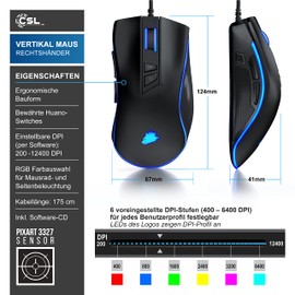 CSL-Computer TITANWOLF - Gaming Maus 12400 DPI mit RGB Beleuchtung, 8 programmierbare Tasten, Ergonomisches Design für ióptimalen Spielkomfort