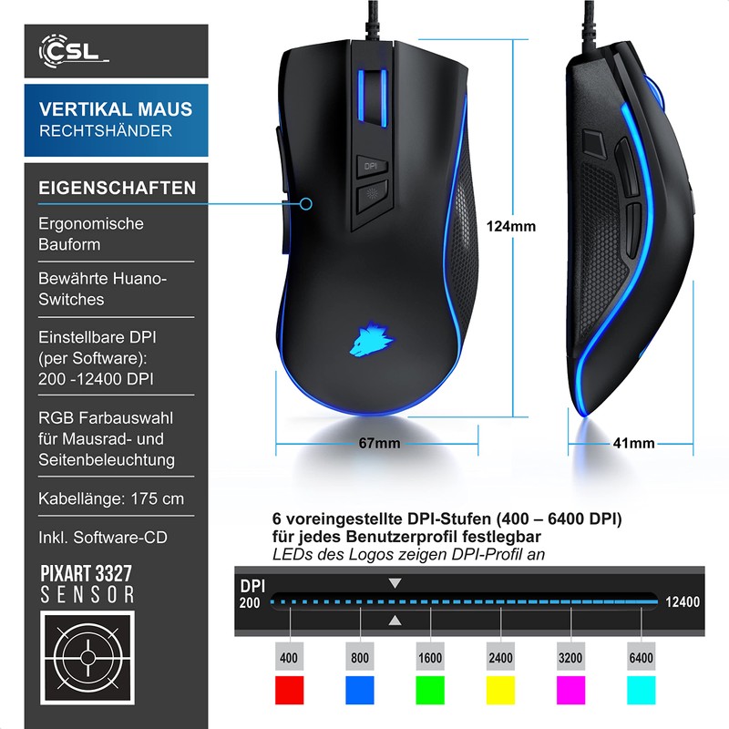 CSL-Computer TITANWOLF - Gaming Maus 12400 DPI mit RGB Beleuchtung,