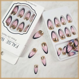 24Pcs French Tips Press on Nails with Leopard Print Design, Sparkly Manicure Art Acrylic Medium Almond Full Cover Fake Nails Stick on Nails Glossy Gold Glitter False Nails Gel Glue on Nails for Women