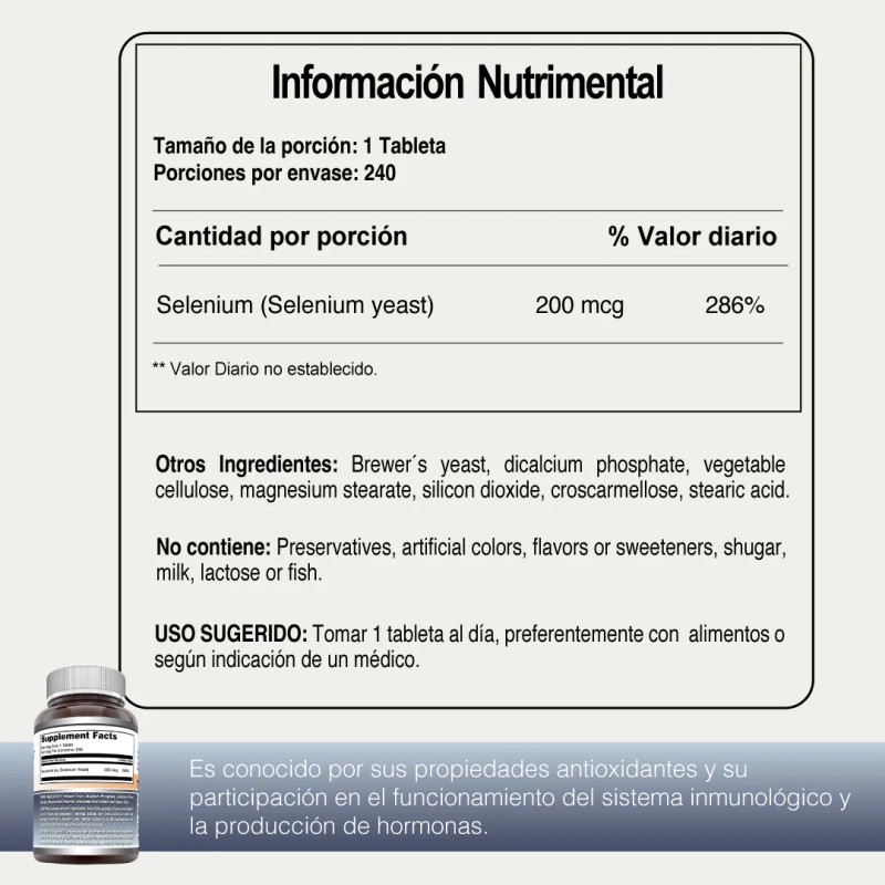 Selenio Selenium 200 Mcg 240 Tabletas Anticancerigeno Sabor Sin Sabor