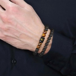 FOCOOG Men's Layered Tiger Eye Initial Bracelet - Adjustable Beaded Bracelet for Men, Jewelry Gifts