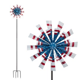 Alpine Corporation 75" Tall Outdoor Patriotic Metal Dual Kinetic Wind Spinner Stake Yard Decoration, Red, White, and Blue