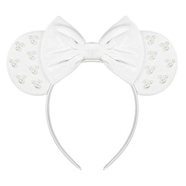 JIAHANG Velvet Mouse Ears Hair Bow Headband with Pearls, Party Decoration Costume Headwear Hair Accessories for Women Girls(velvet white 04)