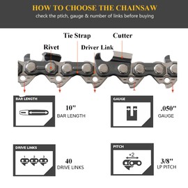 Hinsz 4 Pack/10 inch Chainsaw Chains for (25cm) Bar, 40 Drive Links, 3/8" LP .050" Gauge, Replacement Chain fits for Black & Decker, Bosch, Makita, Ryobi and More Other Chainsaws-Without Guide Bar