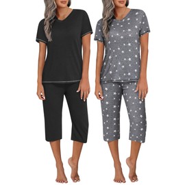 Ekouaer 2 Pack Women's Sleepwear Capri Pajama Sets Short Sleeve Two-Piece Pjs V Neck Tops & Capri Pants with Pockets S-3XL Black