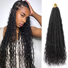 IXIMII Crochet Boho Box Braids with Human Hair Curls Deep Wave Pre Looped Goddess Bohemian Braids Crochet Hair Handmade Curly Ends Hair Extensions For Women 24inch 1B# 8packs 96strands