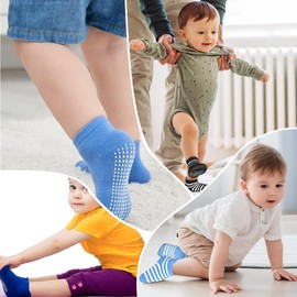 Calcetines Antideslizantes para Niños Pequeños, 6 pares Calcetines de Bebé Redondo Puro Algodón, Calcetin Antideslizantes Transpirables (MX/US, Edad, 3 Años, 5 Años, Chica de Color Rayado)