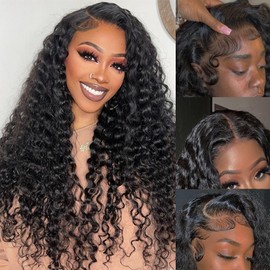 GMNSTAR 13x6 Deep Wave Lace Front Wigs Human Hair Pre Plucked 20 Inch HD Transparent Lace Frontal Curly Wigs Human Hair 200 Density Glueless Deep Curly Human Hair Wigs For Women Natural Black