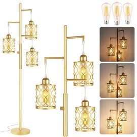ROTTOGOON 68" Gold Floor Lamp, Dimmable Industrial Floor Lamps for Living Room, 3 Light Rustic Standing Tall Lamp Including 3 PCS 6W E26 Bulbs, Farmhouse Tree Floor Lamp for Bedrooms, Office, Bar