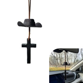 Western Cowboy Hat Car Hanging Ornament, Cowboy Hat for Car Mirror Hanging with Cross, Cute Handmade Hats Pendent, Universal Auto Interior Accessories (Black)