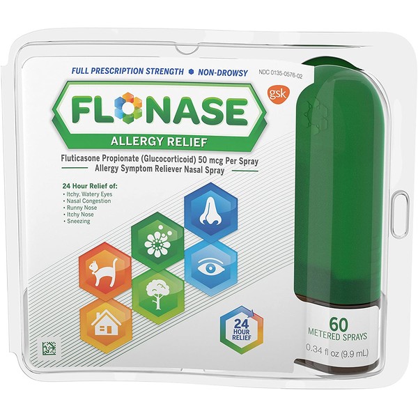 Flonase Allergy Relief Nasal Spray, 24 Hour Non Drowsy Allergy Medicine, Metered Nasal Spray - 60 Sprays