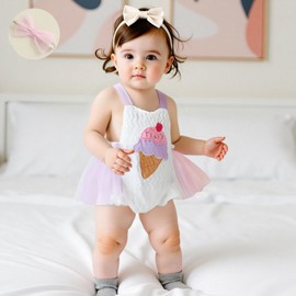 Newborn Baby Girl Romper Tutu Dress Ice Cream Embroidered Sleeveless Halter Tulle Dress Headband (Purple, 12-18 Months)