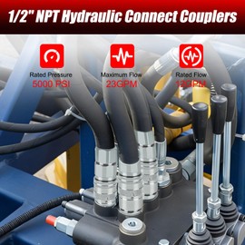 1/2’’ NPT Flat Face Hydraulic Quick Couplers, Skid Steer Hydraulic Couplers with 2PCS Dust Covers, Couplings Set for Agricultural Machinery, Construction Equipment & Industrial Hydraulic Testing