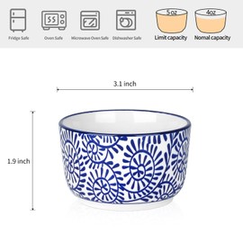 Selamica Ceramic Ramekins 4 Oz, Creme Brulee Ramekins Oven Safe, Souffle Custard Dishes/Cups for Baking, Mini Bowls for Pudding Ice Cream Dip, Set of 6, Vintage Blue