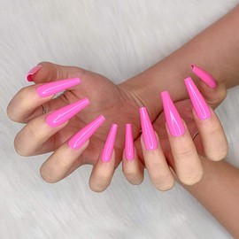 Artquee 24pcs Pink Pure Color Ballerina Long Coffin Glossy Fake Nails Press on Nail False Tips Manicure for Women (CB-7)