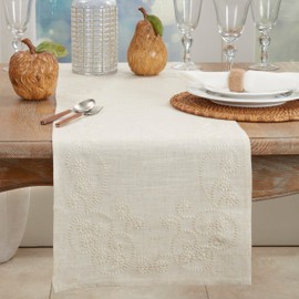 SARO LIFESTYLE Swirl Embroidered Table Runner - 16"x108" Oblong, Natural, 001.N16108B