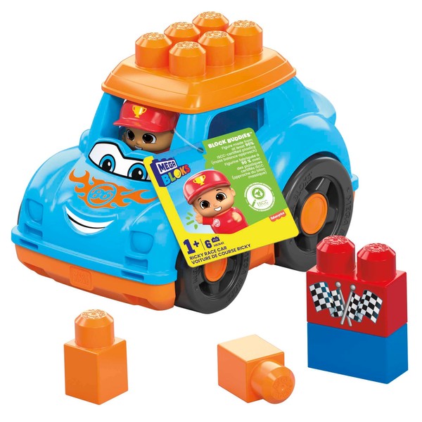 MEGA HKN41 Mega Blocks Building Blocks for Toddlers, Racing Car Ricky with Removable Roof, Integrated Storage Compartment and 1 Figure, Toy for Children from 1 Year