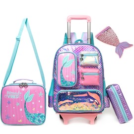 ZBAOGTW Rolling Backpack For Girls 8-12 Elementary School Kids Rolling Backpack Mermaid with Wheels Lunch Box Pencil Case
