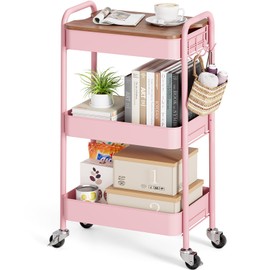 TOOLF 3-Tier Rolling Cart with Table Top, Metal Storage Cart on Wheels, Utility Organizer with Wooden Tray, Lockable Casters, Easy Assembly for Bathroom, Living Room, Office, Bedside, Pink