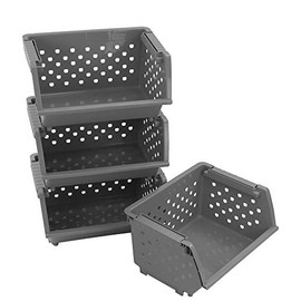 Leendines Large Stackable Basket for Kitchen Storage, 4 Packs, Grey