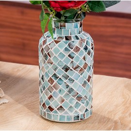 Classic Mosaic Flower Vase for Home Decor, 8”(H) Glass Handmade Table Centerpiece Container for Office, Living Room Kitchen, Wedding. (Summer Road)