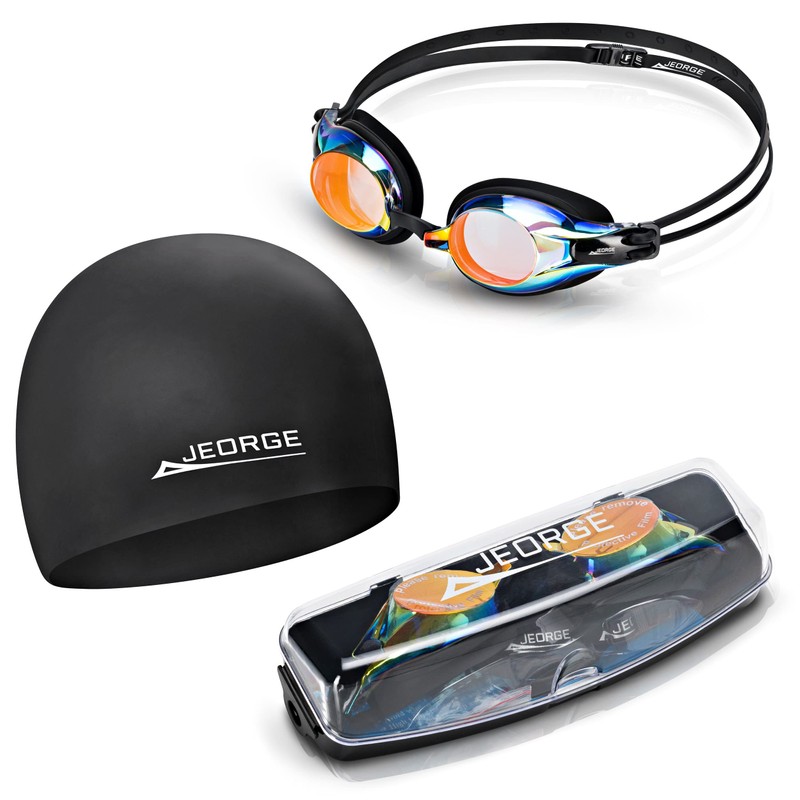 JEORGE Competition Swimming Goggles, Anti-fog UV-protection Mirrored Coating Racing or