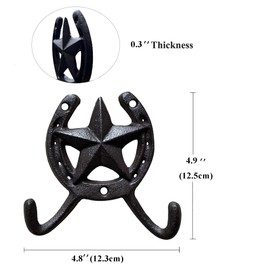 Atpxdk 4PCS Cast Iron Horseshoe Wall Decor, Star Cast Iron Rustic Metal Horseshoe Wall Hooks for Outside and Inside Decor