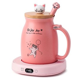 Bsigo Juego de Tazas Lindas de Gato con Calentador de Tazas Inteligente Eléctrico para Hogar y Oficina, Calentador de Tazas para Bebidas, Té o Café con 3 Configuraciones de Temperatura, Apagado